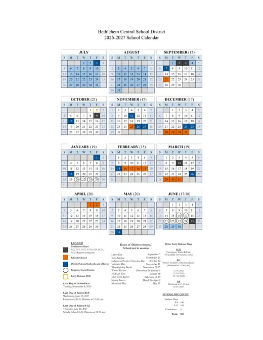 Bethlehem Central School District CSD 2026–2027 Academic Calendar