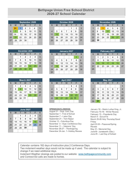 Bethpage Union Free School District 2026–2027 Academic Calendar