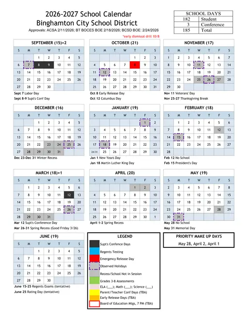 Binghamton City School District 2026–2027 Academic Calendar