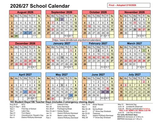 Blind Brook-Rye Union Free School District UFSD 2026–2027 Academic Calendar Page 1