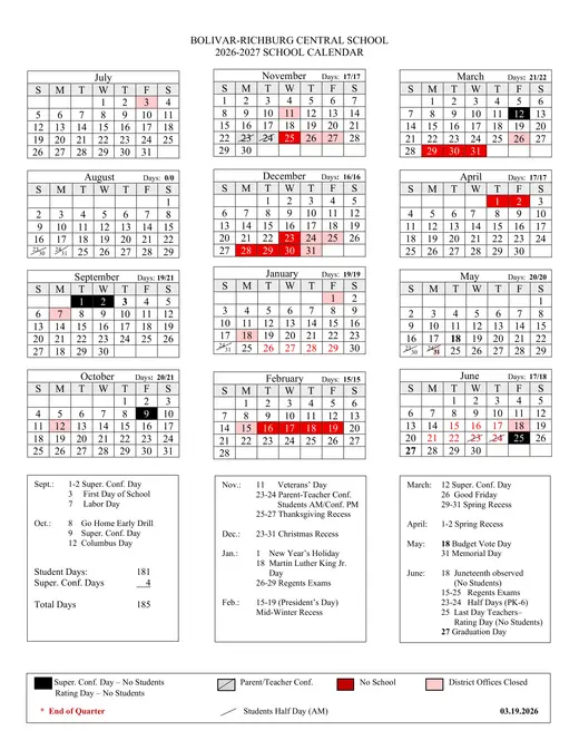 Bolivar-Richburg Central School CSD 2026–2027 Academic Calendar
