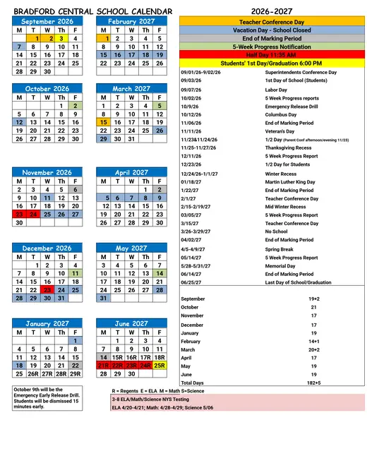 Bradford Central School 2026–2027 Academic Calendar Page 1