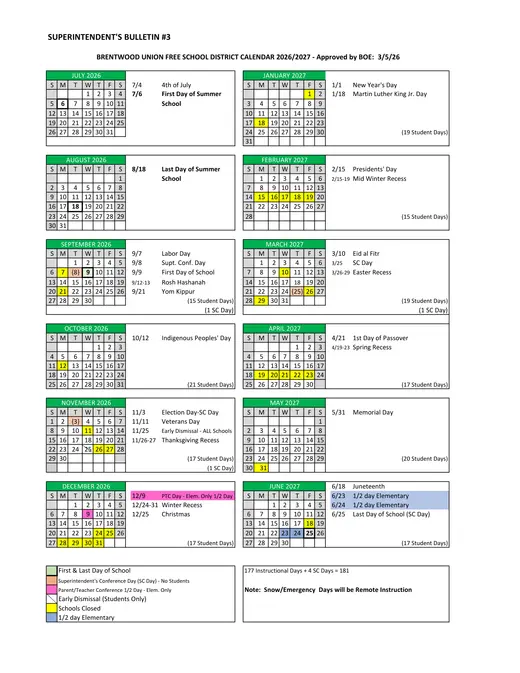 Brentwood Union Free School District UFSD 2026–2027 Academic Calendar Page 1