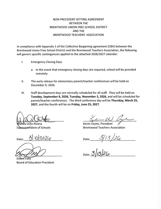 Brentwood Union Free School District UFSD 2026–2027 Academic Calendar Page 2