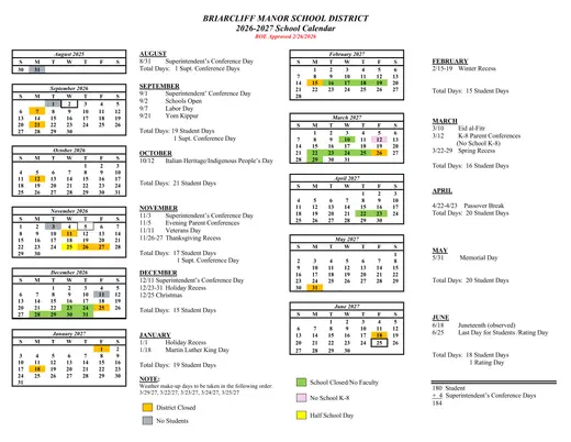 Briarcliff Manor Union Free School District 2026–2027 Academic Calendar