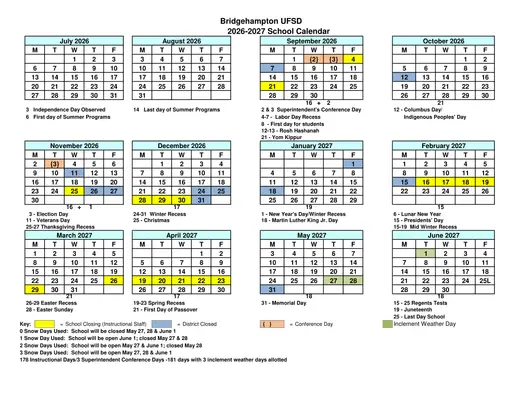 Bridgehampton UFSD 2026–2027 Academic Calendar