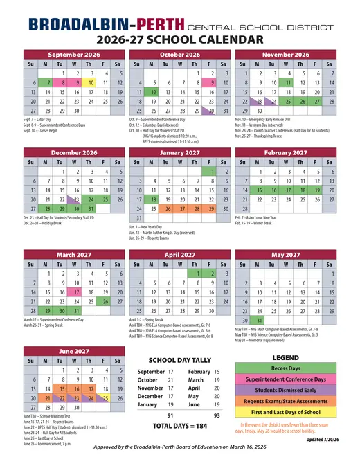 Broadalbin-Perth Central School District CSD 2026–2027 Academic Calendar