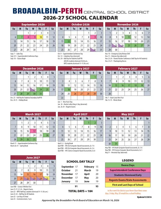 Broadalbin-Perth Central School District 2026–2027 Academic Calendar