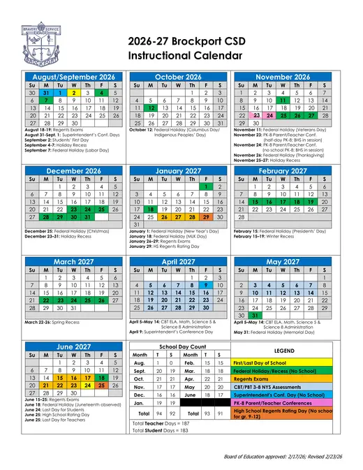 Brockport CSD 2026–2027 Academic Calendar