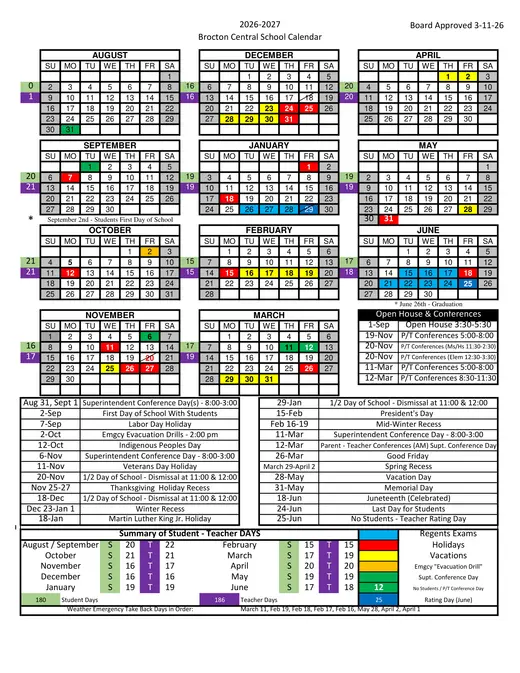 Brocton Central School CSD 2026–2027 Academic Calendar