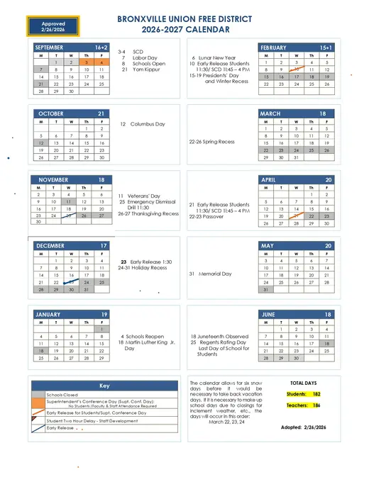 Bronxville Union Free School District 2026–2027 Academic Calendar