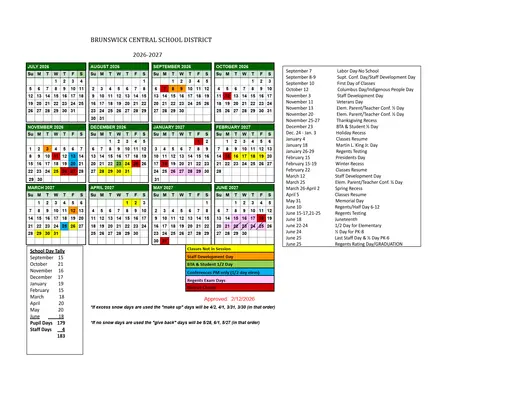 Brunswick Central School District 2026–2027 Academic Calendar Page 1