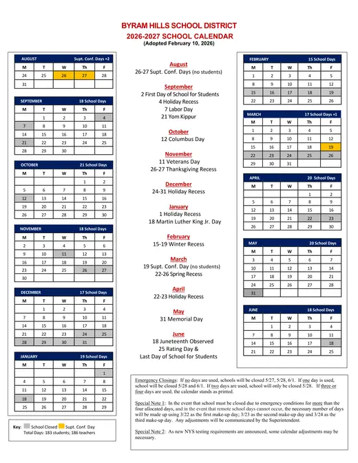 Byram Hills Central School District 2026–2027 Academic Calendar