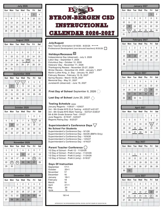 Byron-Bergen CSD 2026–2027 Academic Calendar