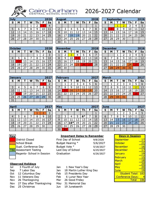 Cairo-Durham Central School District 2026–2027 Academic Calendar