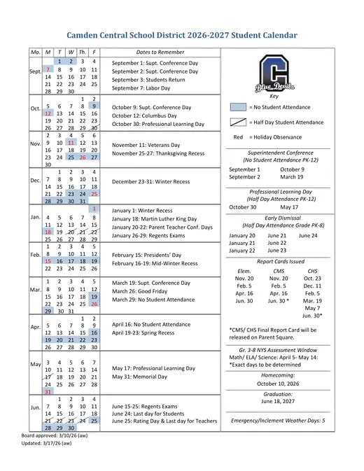 Camden Central School District CSD 2026–2027 Academic Calendar