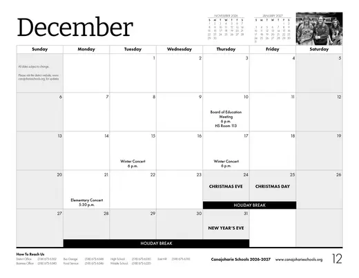 Canajoharie Central School 2026–2027 Academic Calendar Page 4