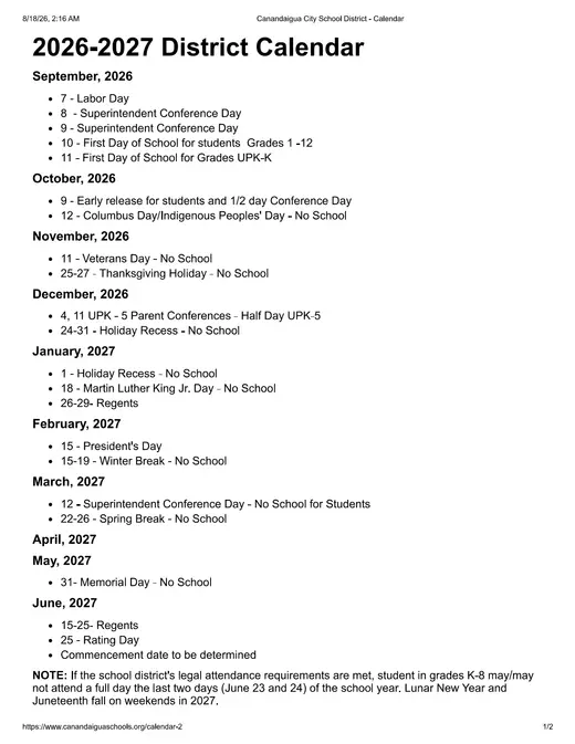 Canandaigua City School District 2026–2027 Academic Calendar Page 1