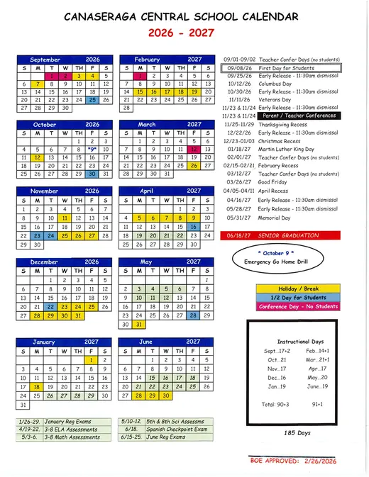 Canaseraga Central School 2026–2027 Academic Calendar Page 1