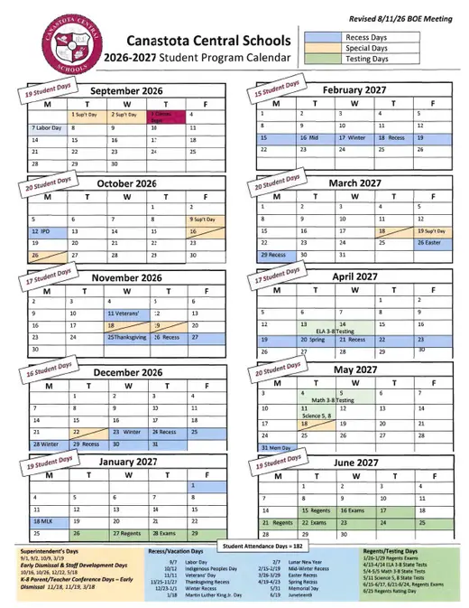 Canastota Central Schools 2026–2027 Academic Calendar Page 1