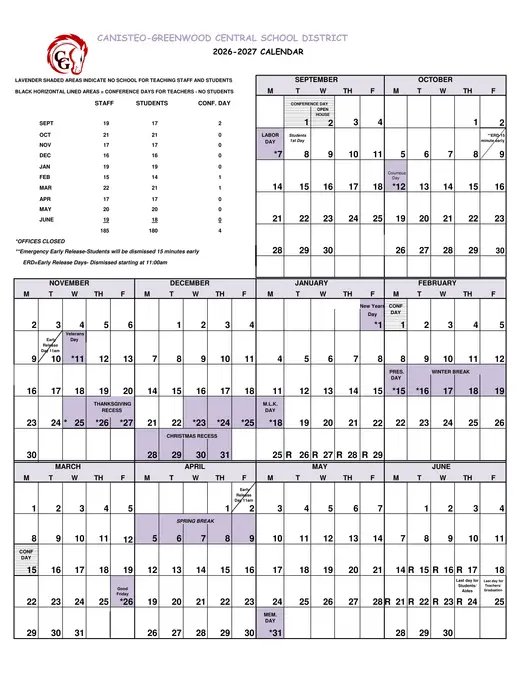 Canisteo-Greenwood Central School District CSD 2026–2027 Academic Calendar
