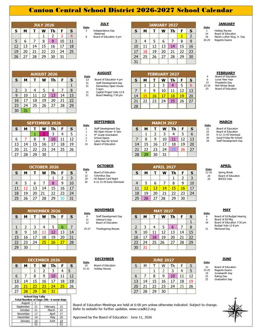 Canton Central School District 2026–2027 Academic Calendar Page 1