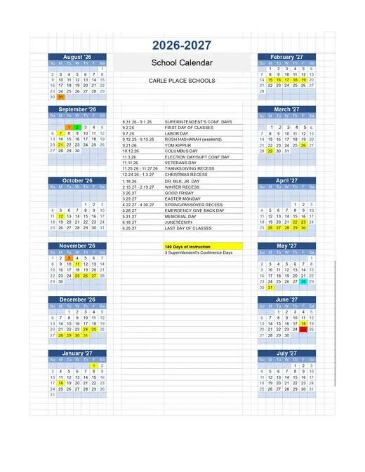 Carle Place Schools 2026–2027 Academic Calendar