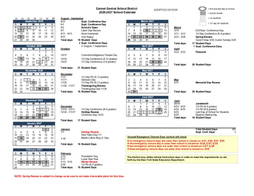 Carmel Central School District 2026–2027 Academic Calendar