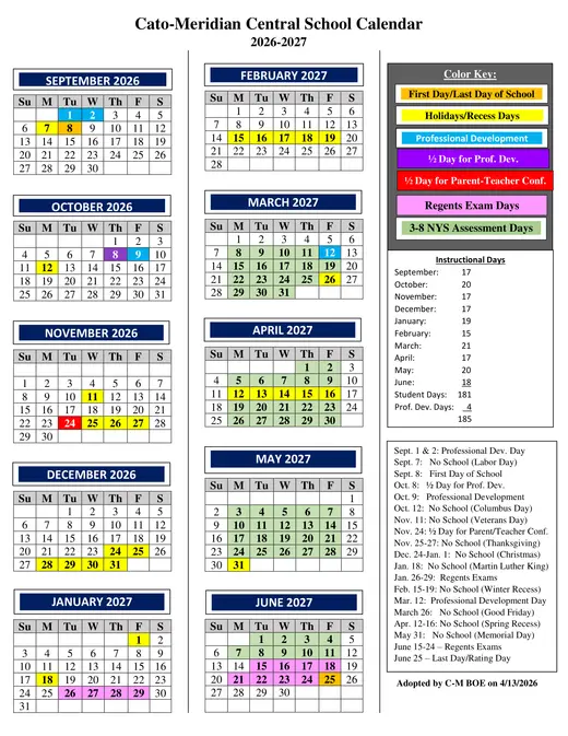 Cato-Meridian Central School District 2026–2027 Academic Calendar