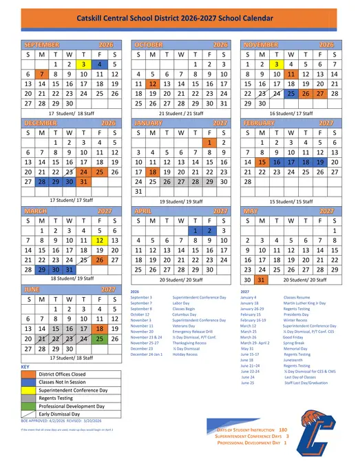 Catskill Central School District 2026–2027 Academic Calendar