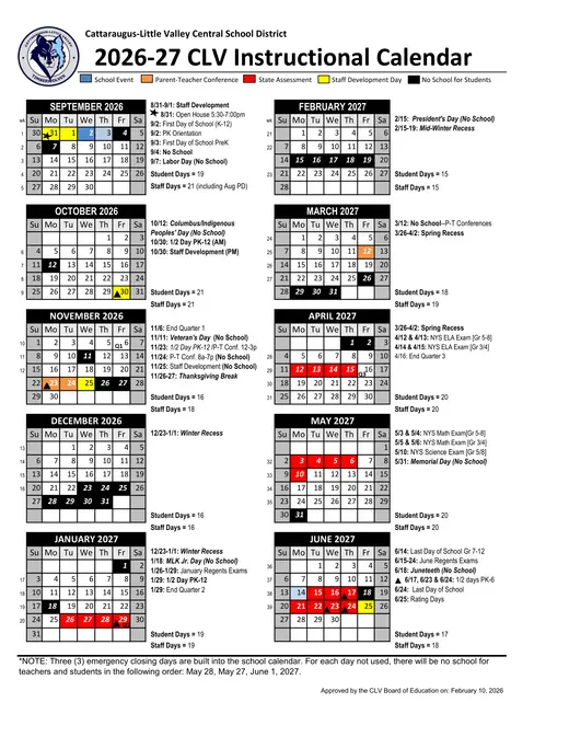 Cattaraugus-Little Valley Central School District 2026–2027 Academic Calendar