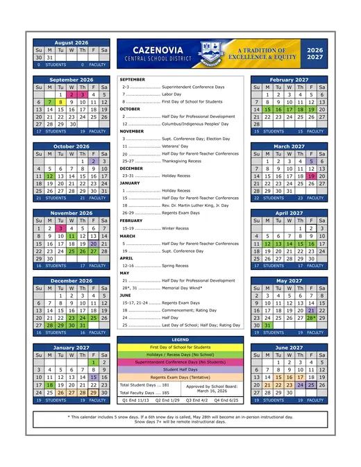 Cazenovia Central School District 2026–2027 Academic Calendar