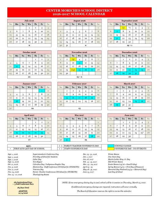Center Moriches Union Free School District 2026–2027 Academic Calendar