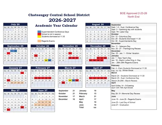 Chateaugay Central School District 2026–2027 Academic Calendar Page 1