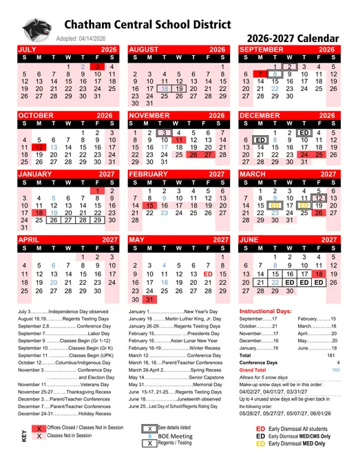 Chatham Central School District 2026–2027 Academic Calendar