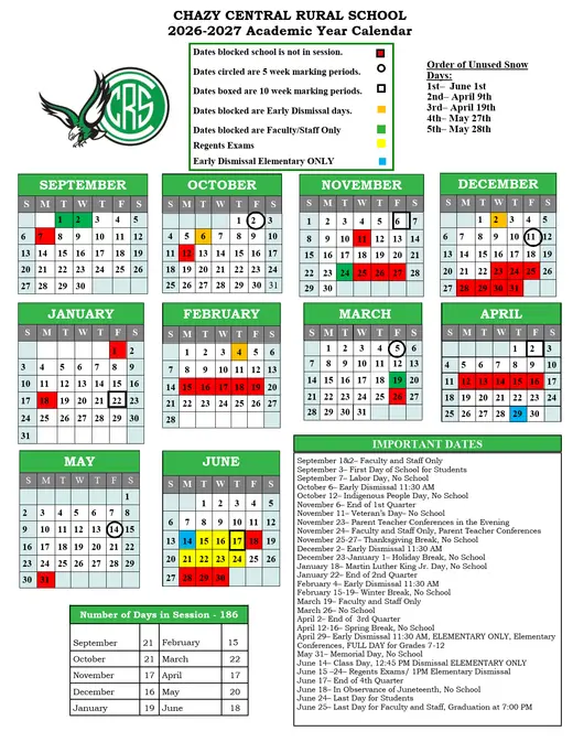 Chazy Central Rural School 2026–2027 Academic Calendar Page 1