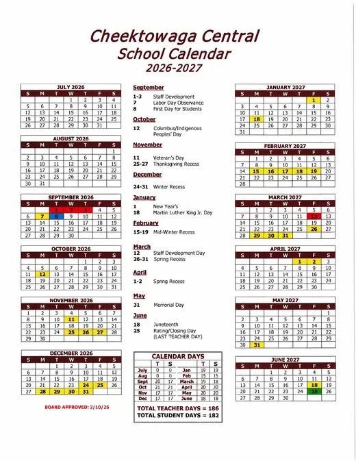 Cheektowaga Central School District 2026–2027 Academic Calendar