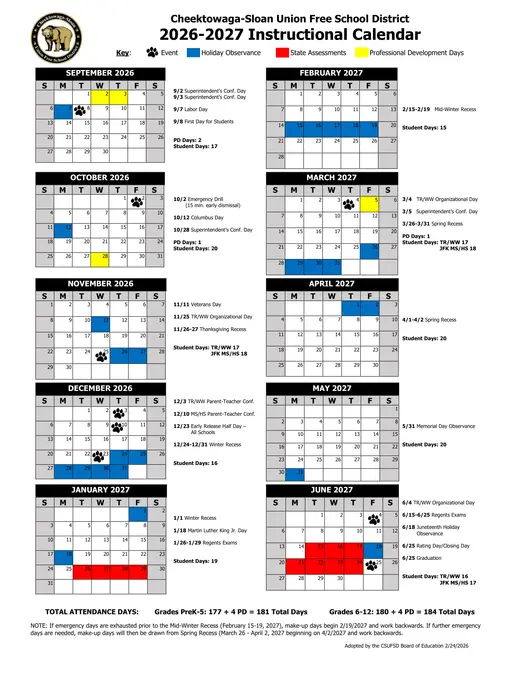 Cheektowaga-Sloan Union Free School District 2026–2027 Academic Calendar