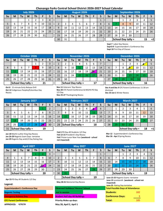 Chenango Forks Central School District CSD 2026–2027 Academic Calendar
