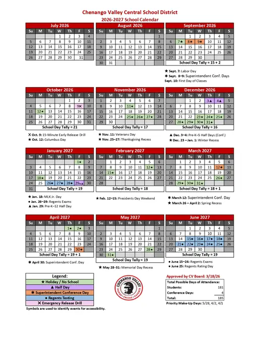Chenango Valley Central School District 2026–2027 Academic Calendar