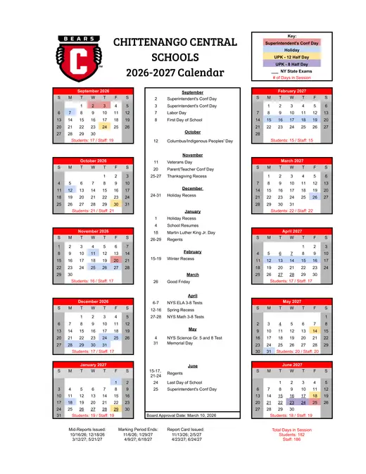 Chittenango Central School District 2026–2027 Academic Calendar