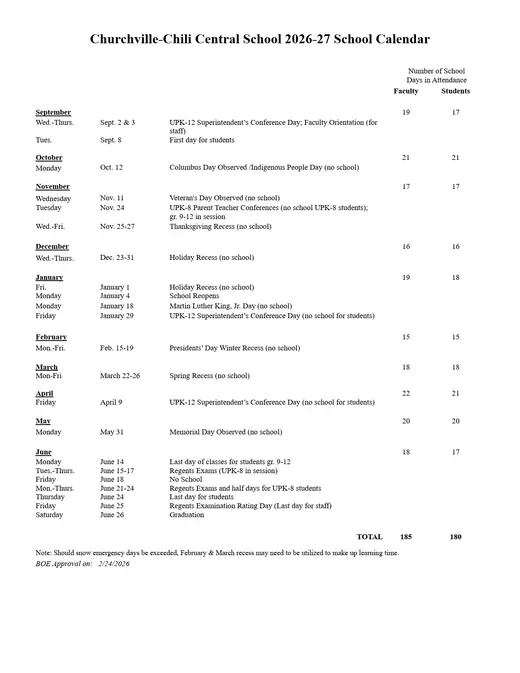 Churchville-Chili Central School 2026–2027 Academic Calendar Page 1