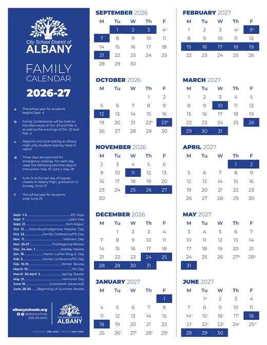City School District of Albany 2026–2027 Academic Calendar Page 1