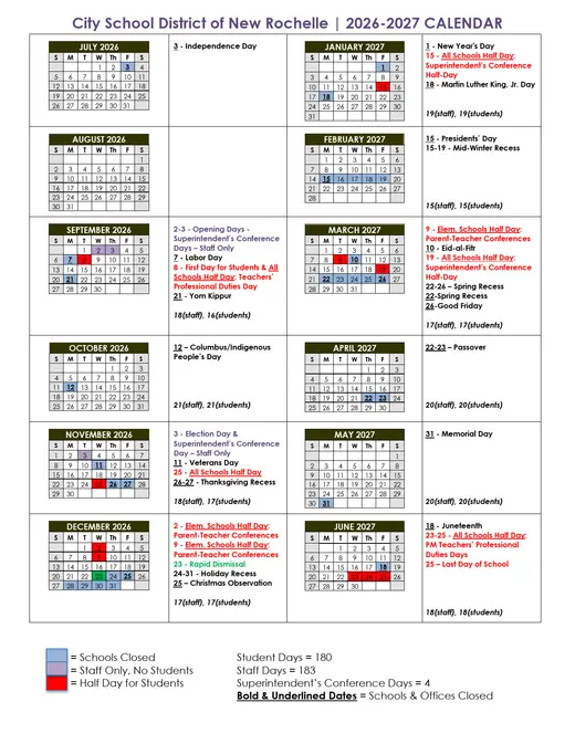City School District of New Rochelle 2026–2027 Academic Calendar Page 1