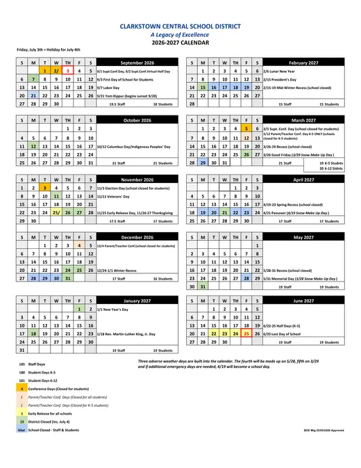 Clarkstown Central School District 2026–2027 Academic Calendar