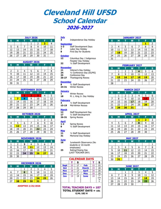 Cleveland Hill Union Free School District 2026–2027 Academic Calendar
