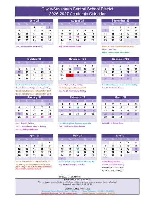 Clyde-Savannah Central School District CSD 2026–2027 Academic Calendar