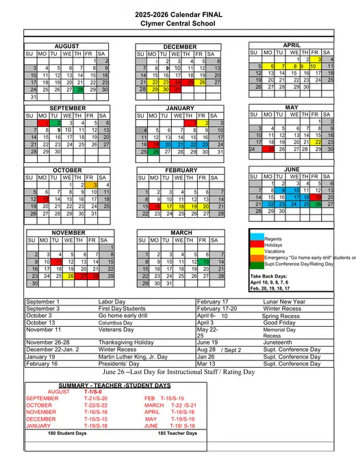Clymer Central School CSD 2025–2026 Academic Calendar
