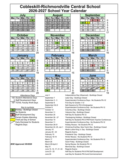 Cobleskill-Richmondville Central School CSD 2026–2027 Academic Calendar