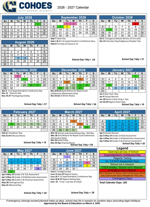 Cohoes City School District 2026–2027 Academic Calendar Page 1